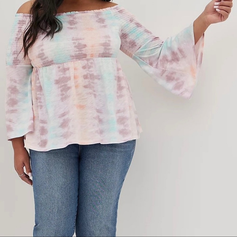 Torrid smocked cold shoulder babydoll top pink purple blue tie dye 3 3X